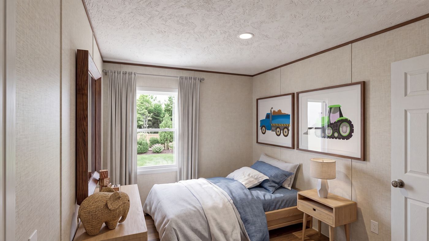 Oak floor plan home, bedroom