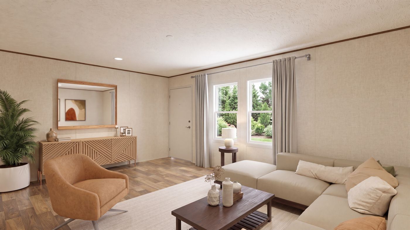 Oak floor plan home, living room