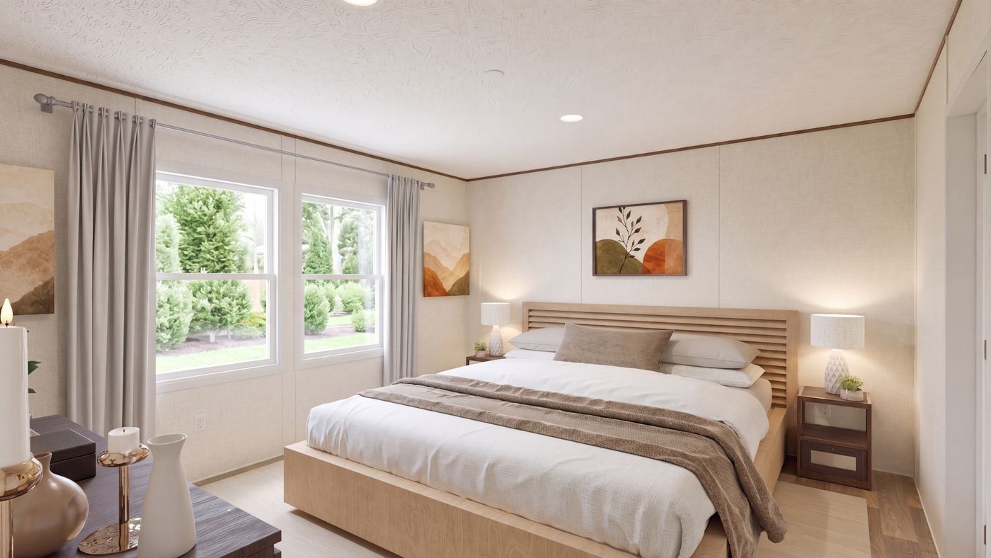 Oak floor plan home, primary bedroom