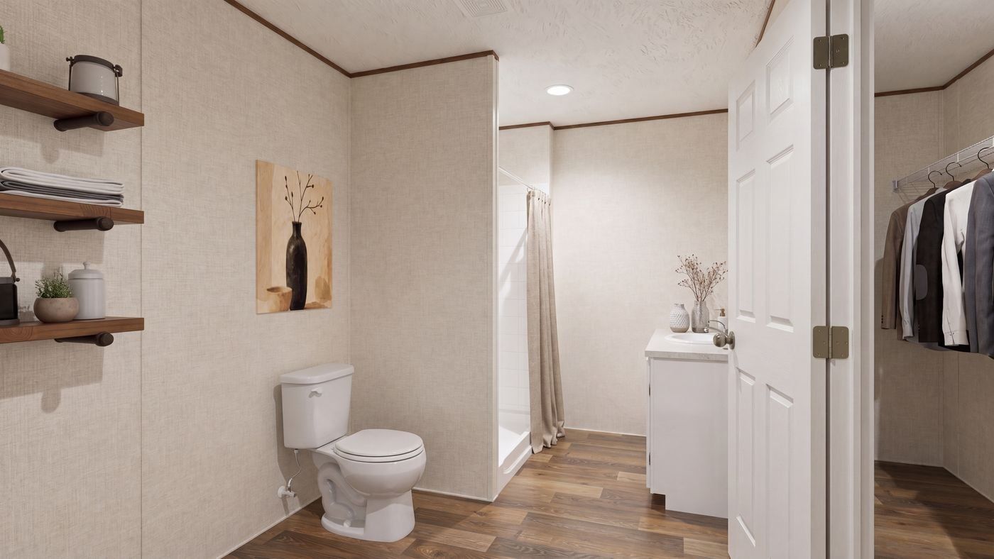 Oak floor plan home, primary bathroom