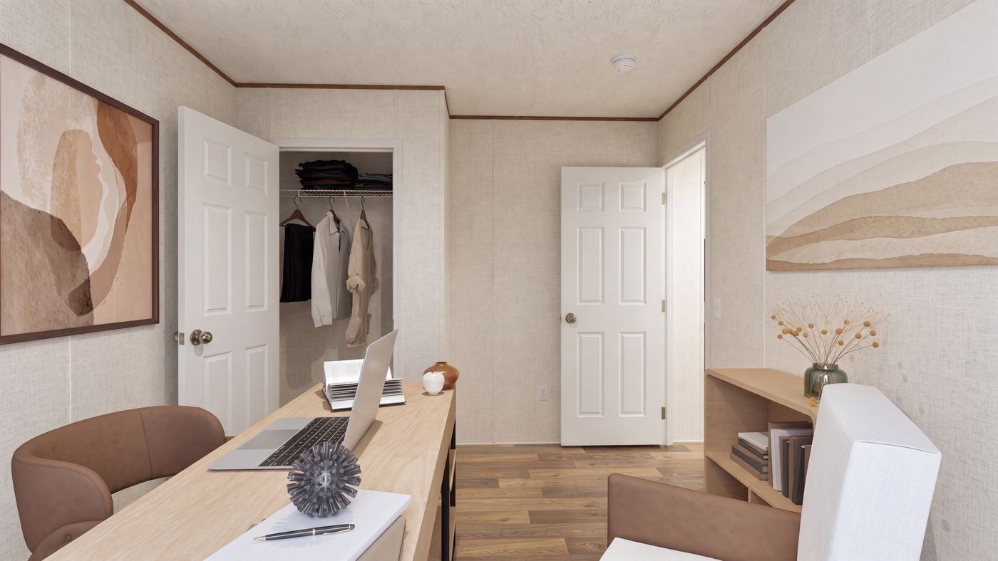 Oak floor plan home, bedroom